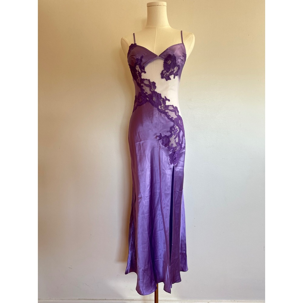 VTG Victoria's Secret 100% Silk  Purple Lace Maxi Slip Dress Y2K 2000s Fairy XS